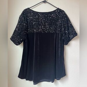 Black Sequin Velvet Top XXL Party Holiday Evening Romantic Sparkle Blouse